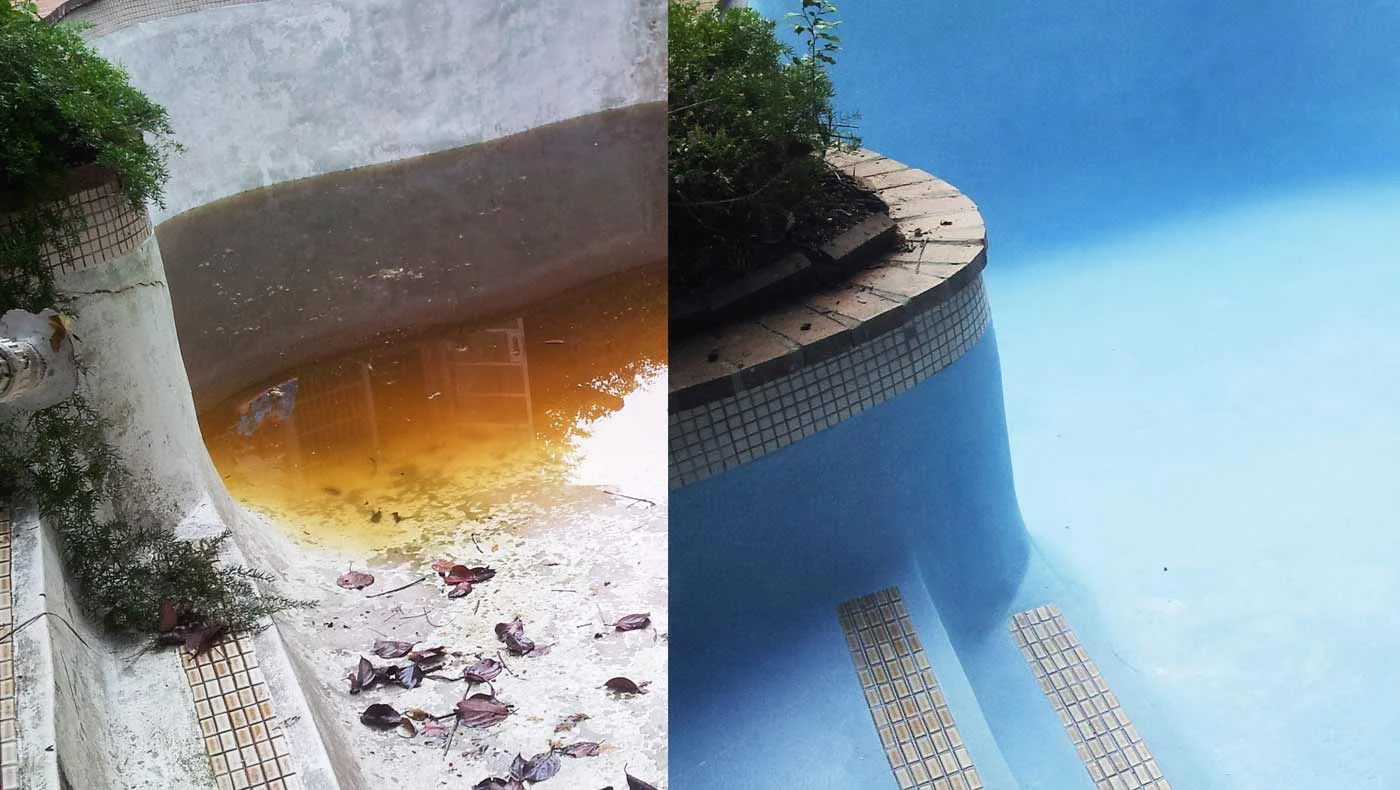 Cemcrete Pool Coating restoration — a stained, discoloured pool shell before, and the same pool finished in a clean blue coating after