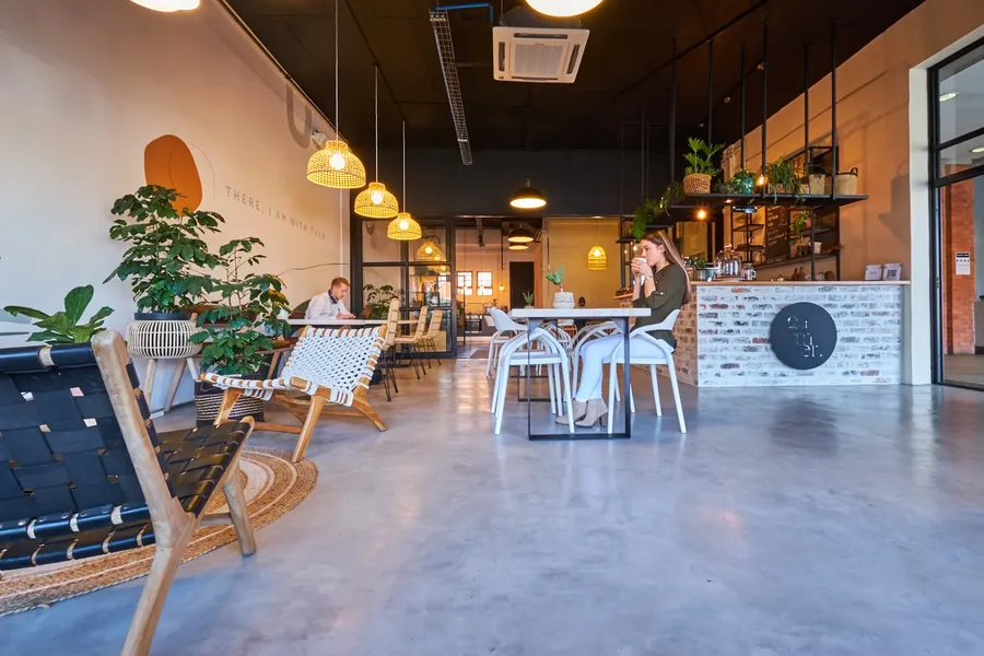 Cemcrete RenoCrete Cloud Grey floor, café interior, Botswana