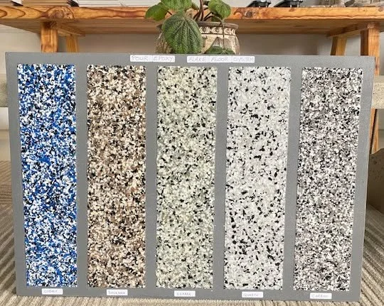 Epoxy flake floor colour samples: Cobalt, Savanna, Sierra, Quartz, Carbon, Botswana