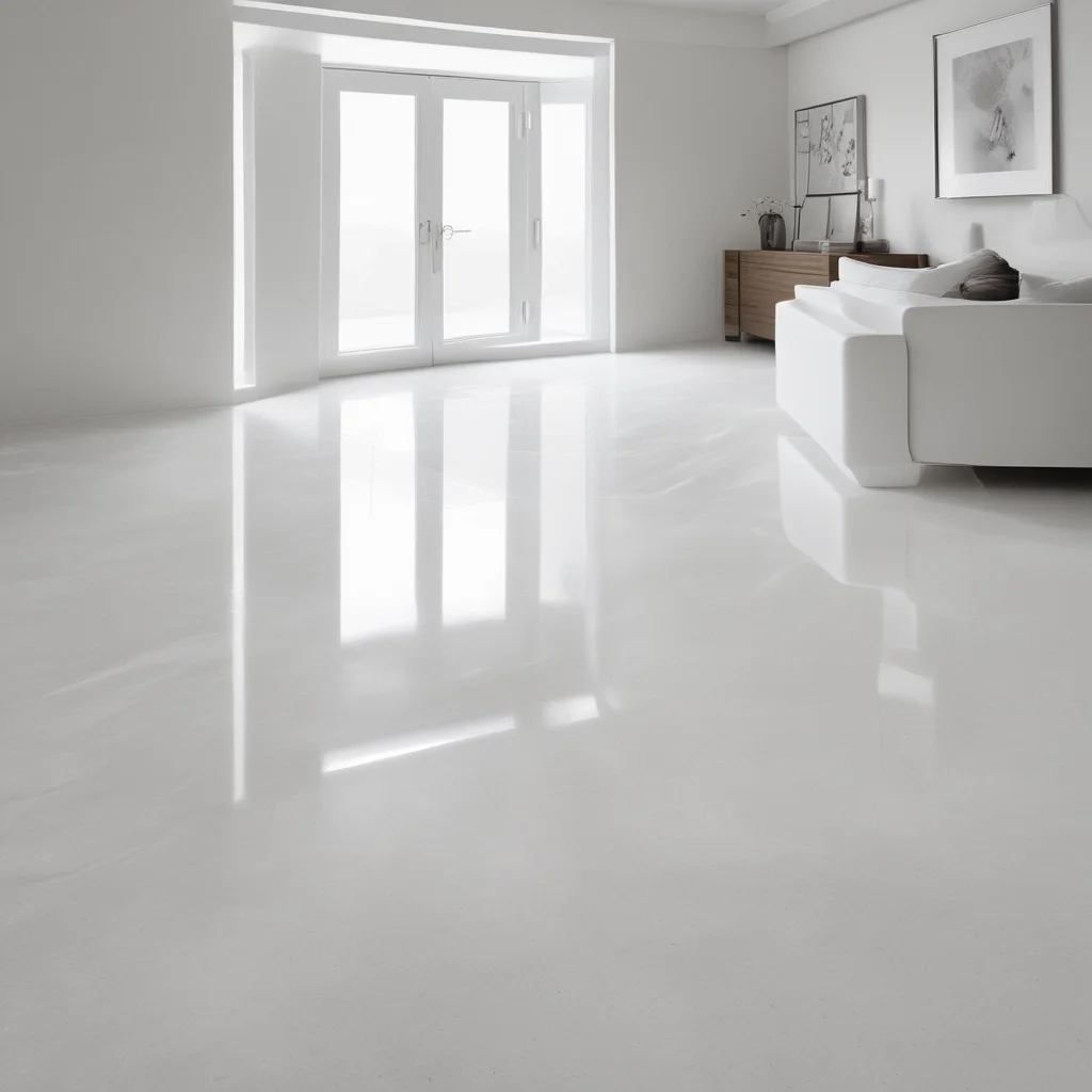 Glossy white resin floor, minimalist living room, Botswana