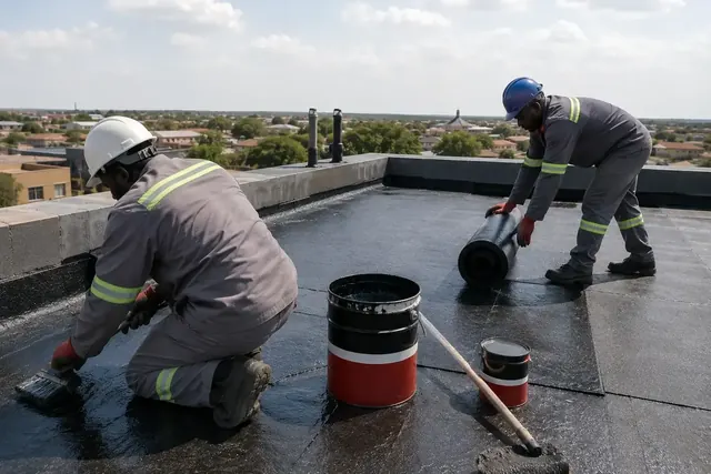 a.b.e. torch-on waterproofing membrane being installed on a rooftop in Botswana