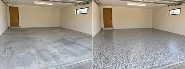 Garage floor before and after epoxy flake flooring installation, Botswana