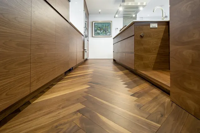 Finfloor Authentic Herringbone walnut vinyl flooring, modern kitchen, Botswana