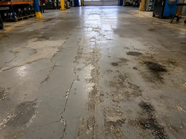 Worn, cracked industrial floor before resurfacing, Botswana