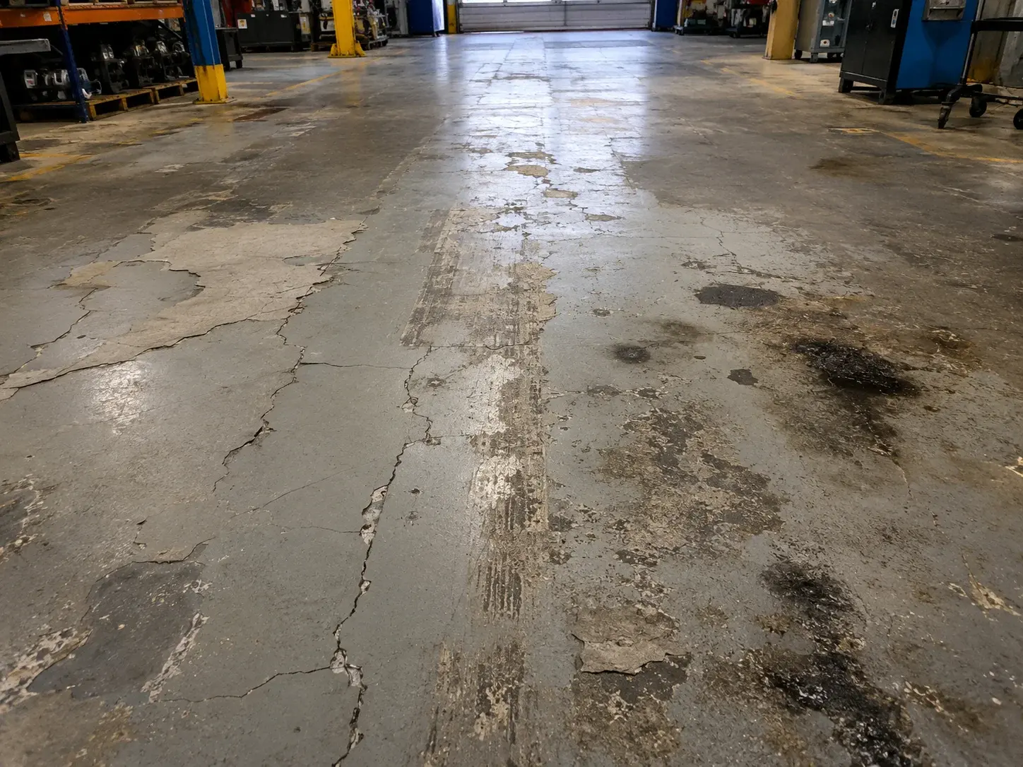 Worn, cracked industrial floor before resurfacing, Botswana